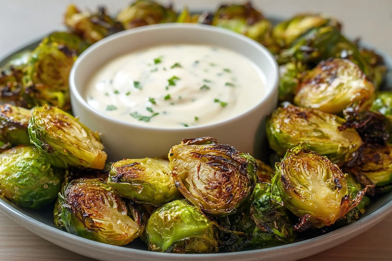 Addictive Crispy Brussel Sprouts with Creamy Dijon Aioli