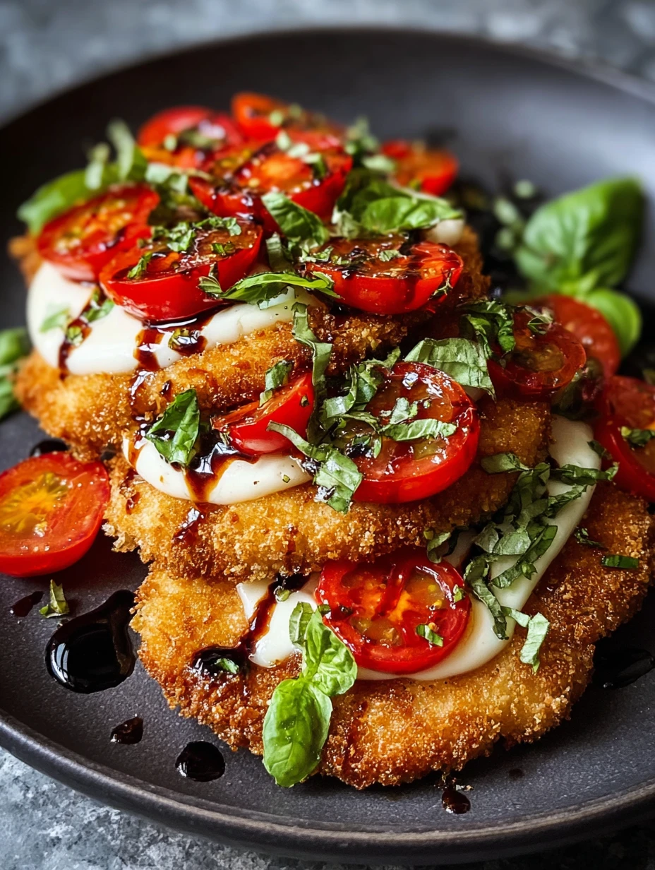 Crispy Chicken Caprese with Mozzarella, Tomato, and Basil - Healthy Italian Dish Drizzled with Balsamic Glaze