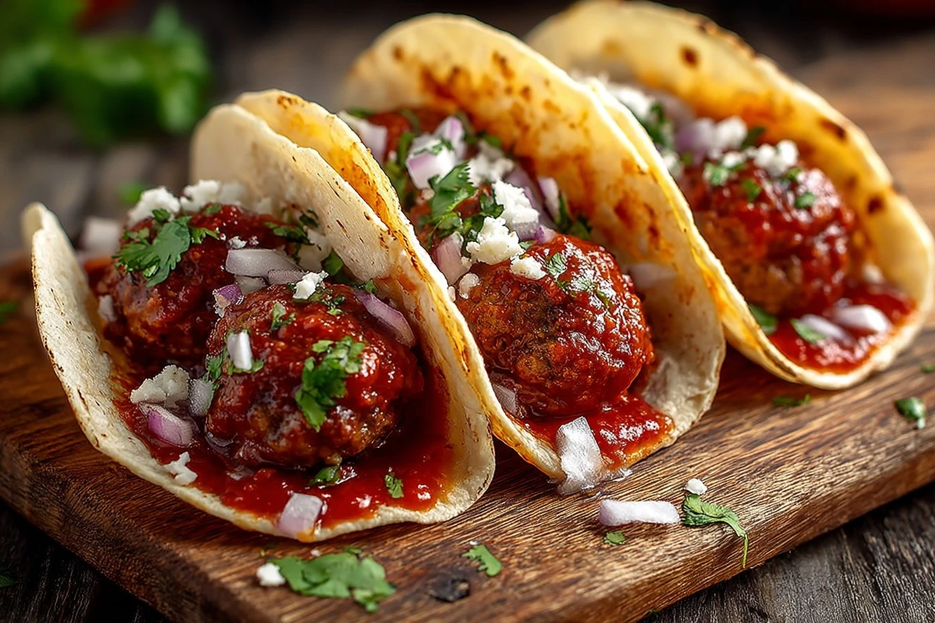 Easy BBQ Meatball Street Tacos Recipe Homemade BBQ Meatball Taco Ideas Best BBQ Meatball Tacos For Parties Gluten-free BBQ...
