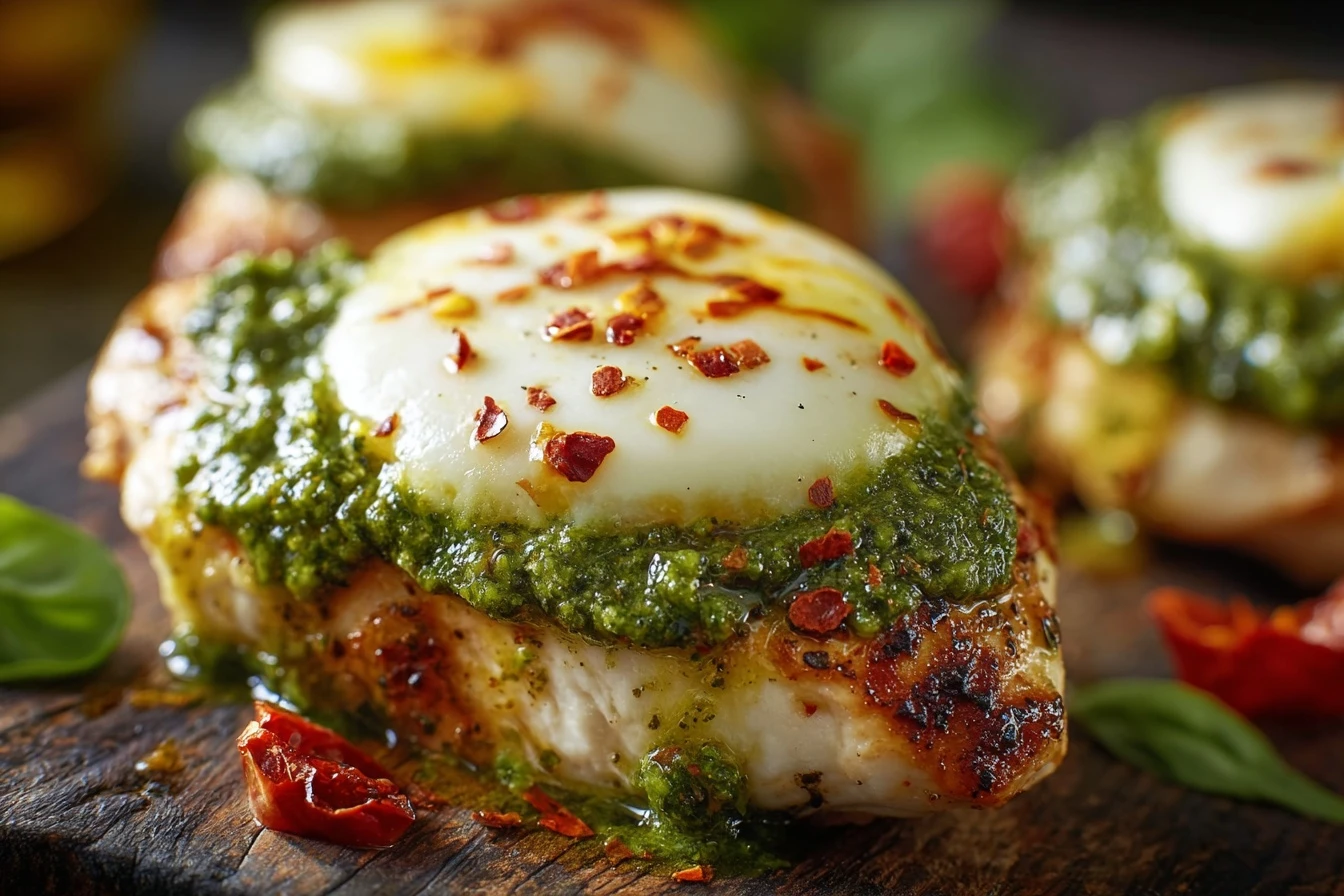 Easy Cheesy Pesto Chicken Bake Recipe Homemade Cheesy Pesto Chicken Pasta Low Carb Cheesy Pesto Chicken Gluten-free Cheesy...