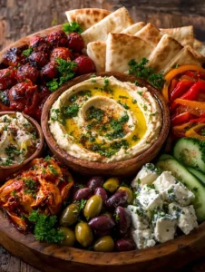 Easy Mediterranean Mezze Tapas Platter Recipe – Vegetarian Appetizer with Hummus, Veggies, Feta, Olives, and Warm Pita Arrangement