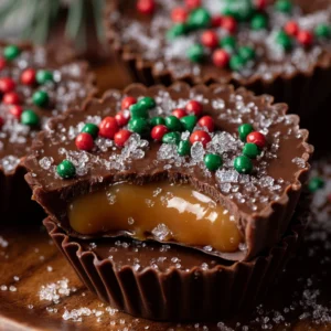 Homemade Salted Caramel Chocolate Cups with Holiday Sprinkles