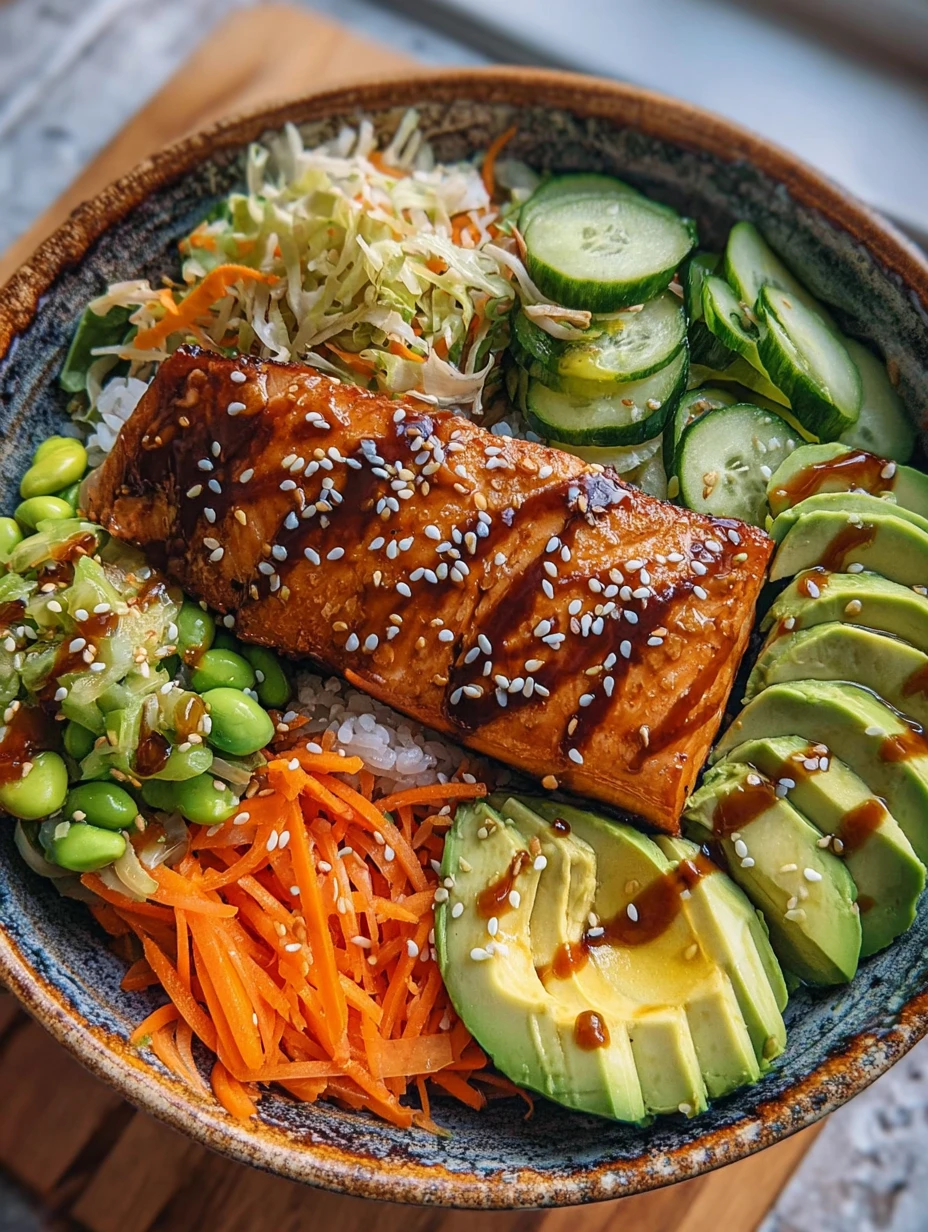 Amazing Crispy Salmon Rice Bowl Recipe - Healthy 25 Minute Meal with Avocado, Veggies, Sesame Seeds, and Sauce Drizzle