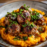Heavenly Beef Meatballs Recipe Creamy Sweet Potato Side Dish Sticky Maple Glaze Beef Gourmet Meatball Dinner Ideas Sweet P...
