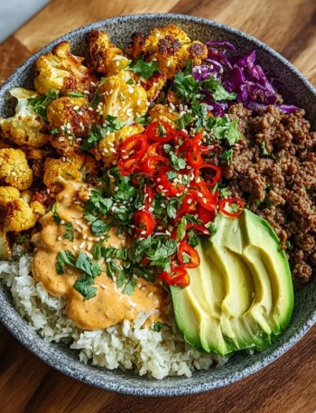 Korean-style Crispy Beef Cauliflower Recipe Low Carb Korean Beef Bowl Spicy Ground Beef Cauliflower Rice Korean Crispy Bee...