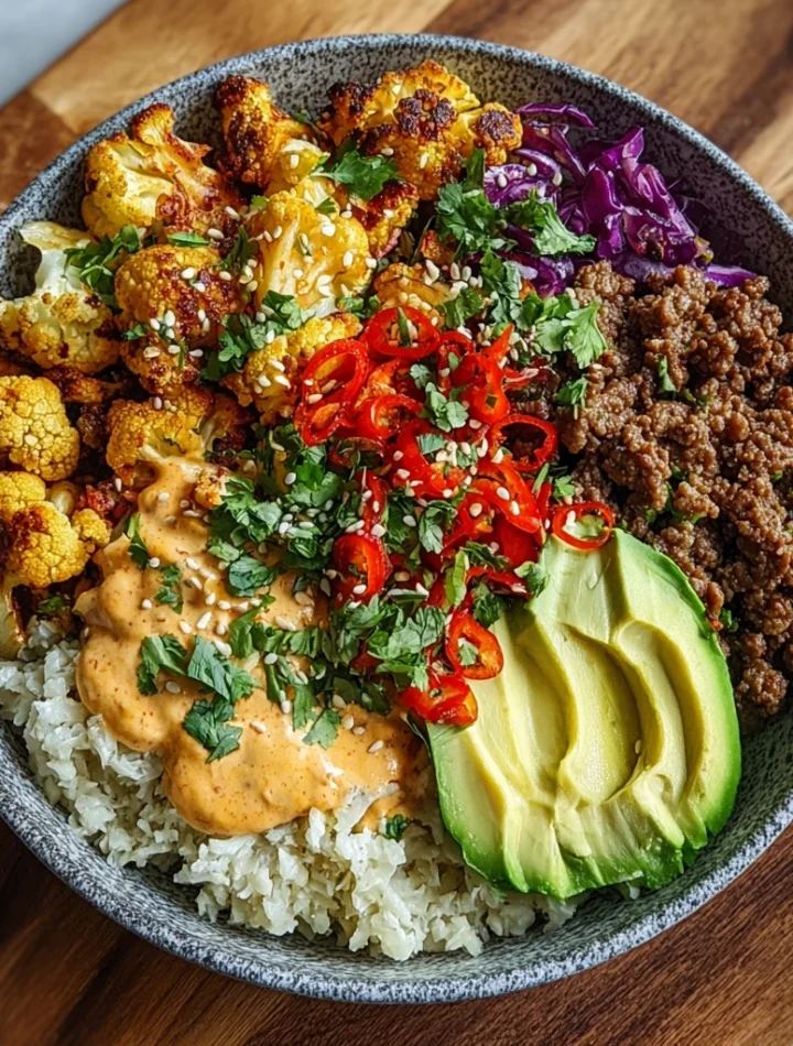 Korean-style Crispy Beef Cauliflower Recipe Low Carb Korean Beef Bowl Spicy Ground Beef Cauliflower Rice Korean Crispy Bee...