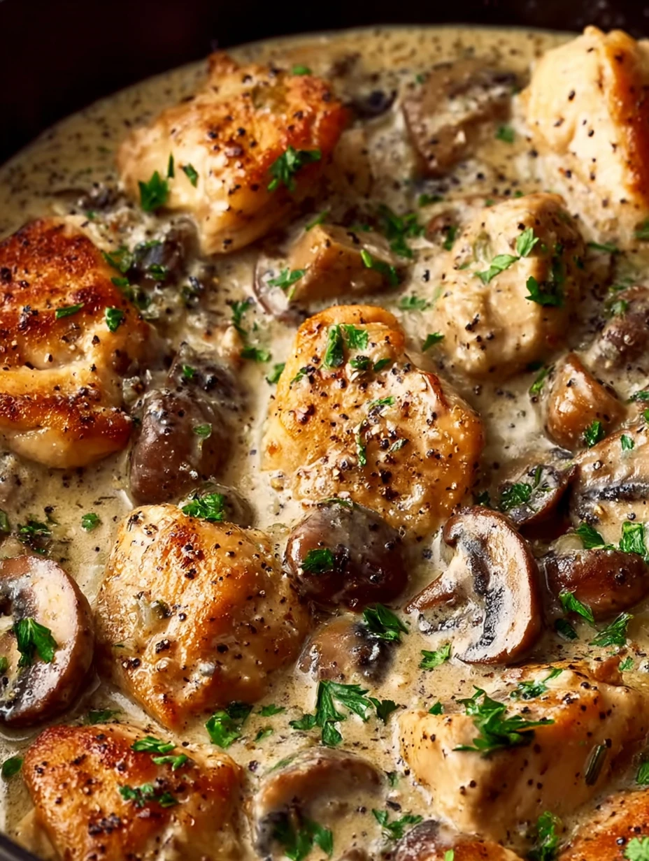 Mouthwatering Creamy Chicken Stroganoff Recipe - 35 Minute Comfort Dish with Mushrooms and Parsley Garnish