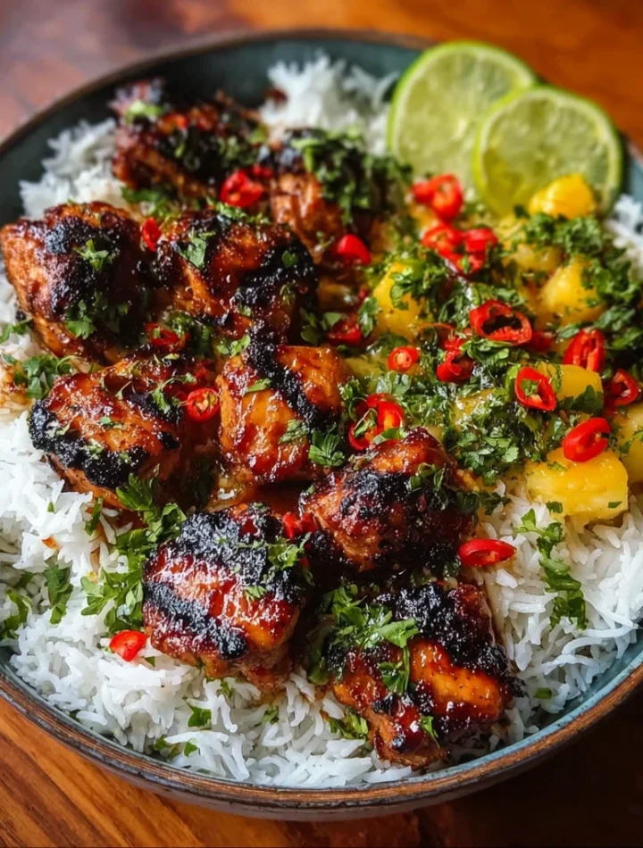 Grilled Maple Sriracha Chicken Bites Coconut Rice
