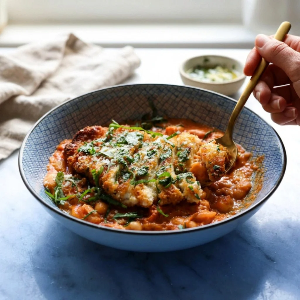 Garlic Butter Crispy Chicken on Creamy Beans