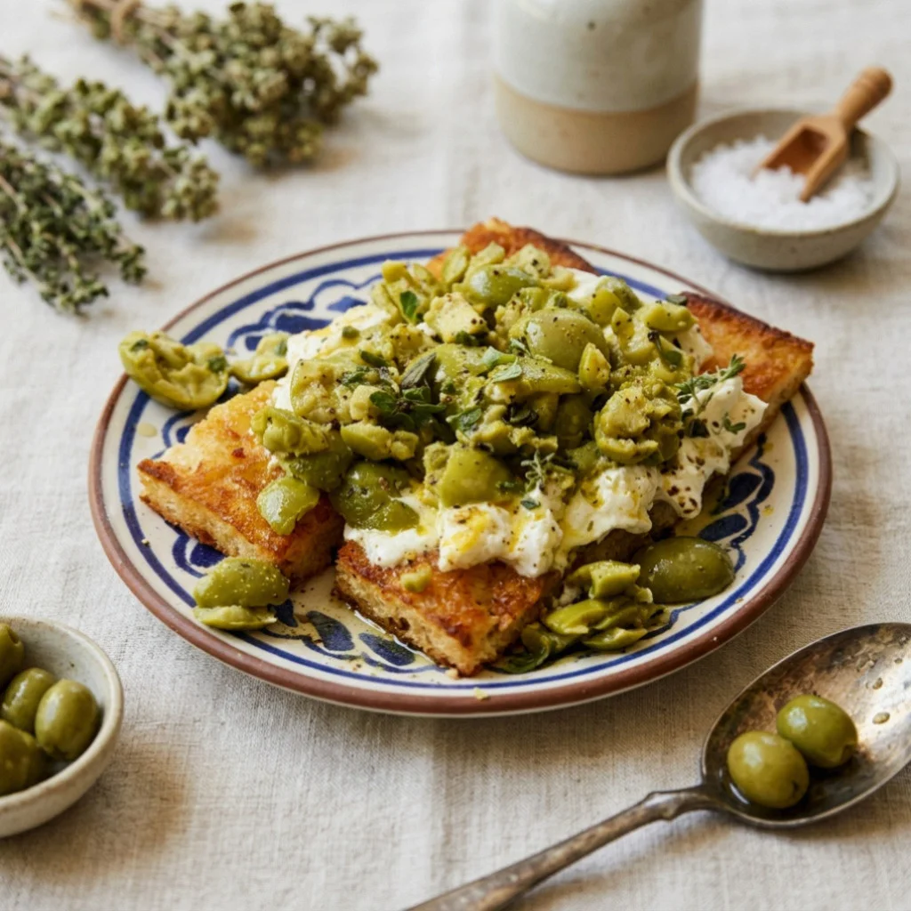 Smashed Olives with Burrata